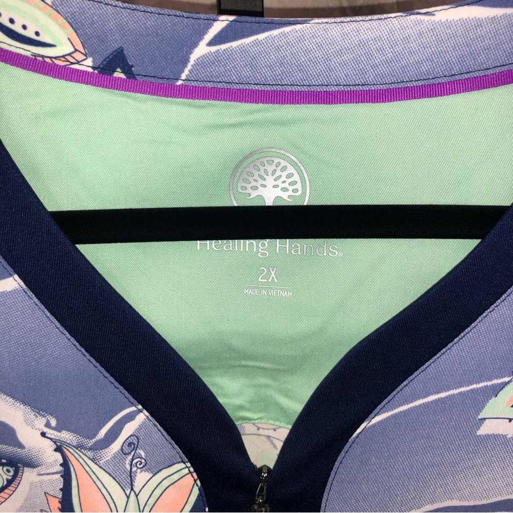 Healing Hands Purple Label Yoga Zip V-Neck blue butterfly pattern scrub top - Picture 3 of 10